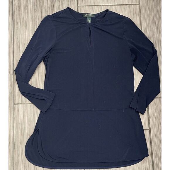 Lauren Ralph Lauren Keyhole Jersey Top Navy Size Medium Peplum Vented Hem - Picture 1 of 4